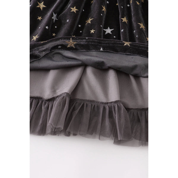Green Velvet Star Ruffle Dress