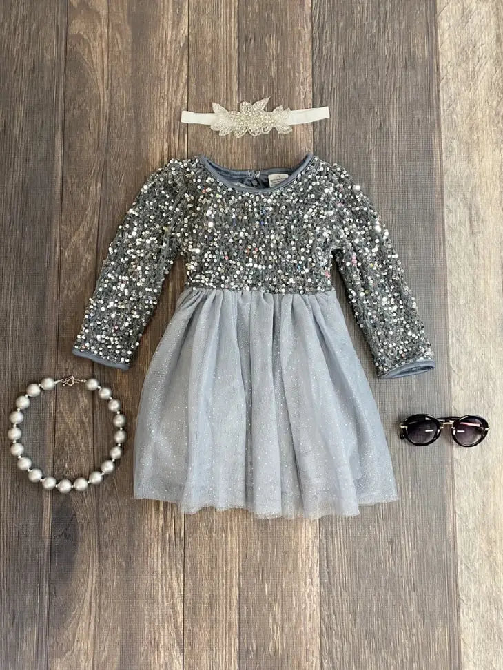 silver sequin tulle dress Silver Sequin Dress with Ruffled Tulle High Neck M