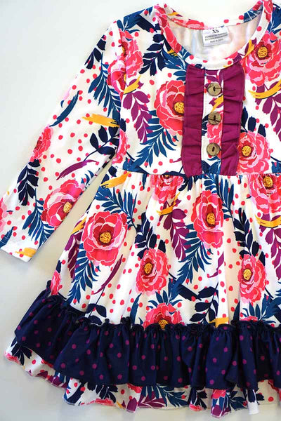Pink Blooms Navy Ruffle Dress
