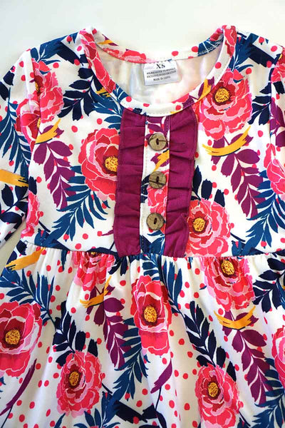 Pink Blooms Navy Ruffle Dress