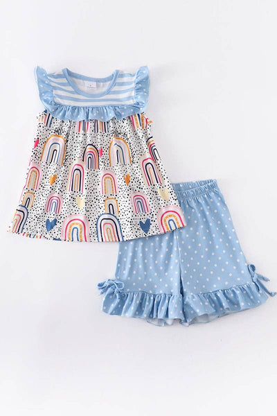 Blue rainbow ruffle shorts set