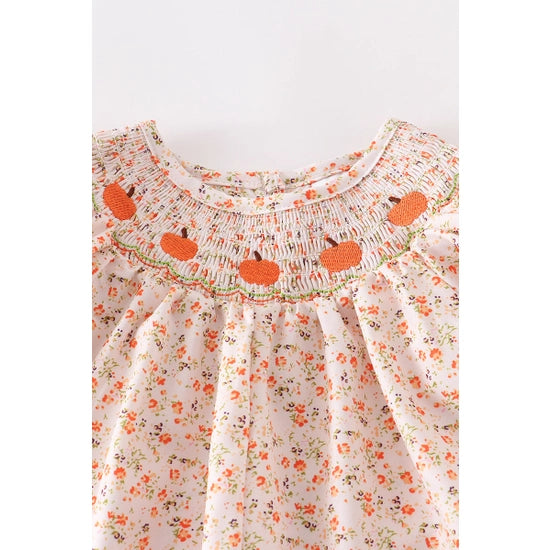 Orange Floral Pumpkin Smocked Baby Romper