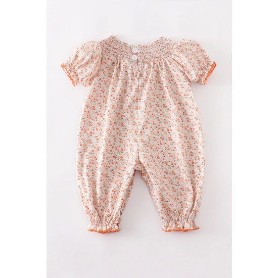 Orange Floral Pumpkin Smocked Baby Romper