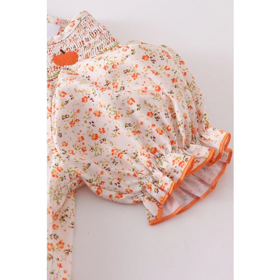 Orange Floral Pumpkin Smocked Baby Romper