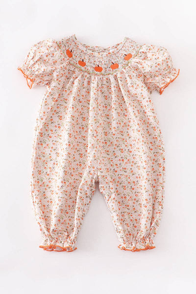 Orange Floral Pumpkin Smocked Baby Romper