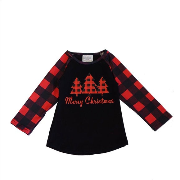 Girls Red Plaid Christmas Tree Raglan