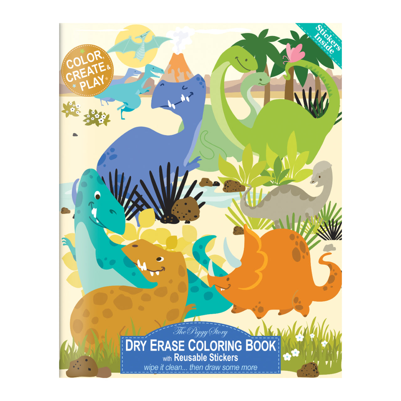 Dry Erase Coloring Book with Reuseable Stickers- Dinosaur World