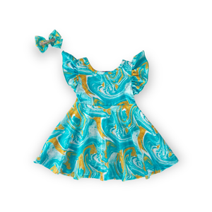 Seafoam & Gold Swirl Ruffle Sleeve Dress