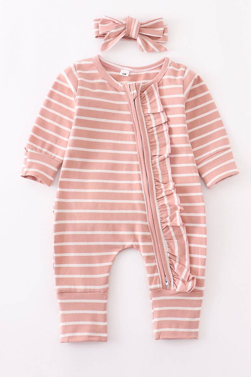 Pink stripe zip ruffle baby romper
