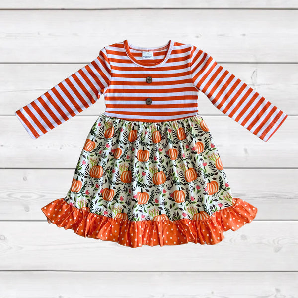 Orange Striped Pumpkin Ruffle Dress