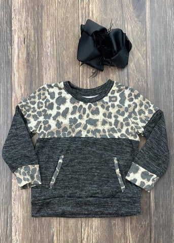 Leopard Print & Charcoal Colorblock Kangaroo Pocket T-Shirt