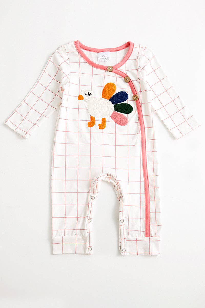 Pink Plaid Turkey Applique Baby Romper