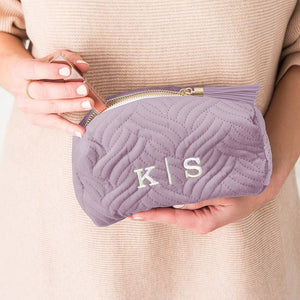 Small Velvet Quilted Makeup Bag For Women- Lavender Purple