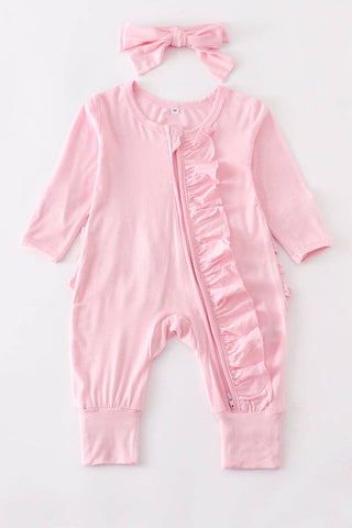 Pink Bamboo Zip Ruffle Baby Romper