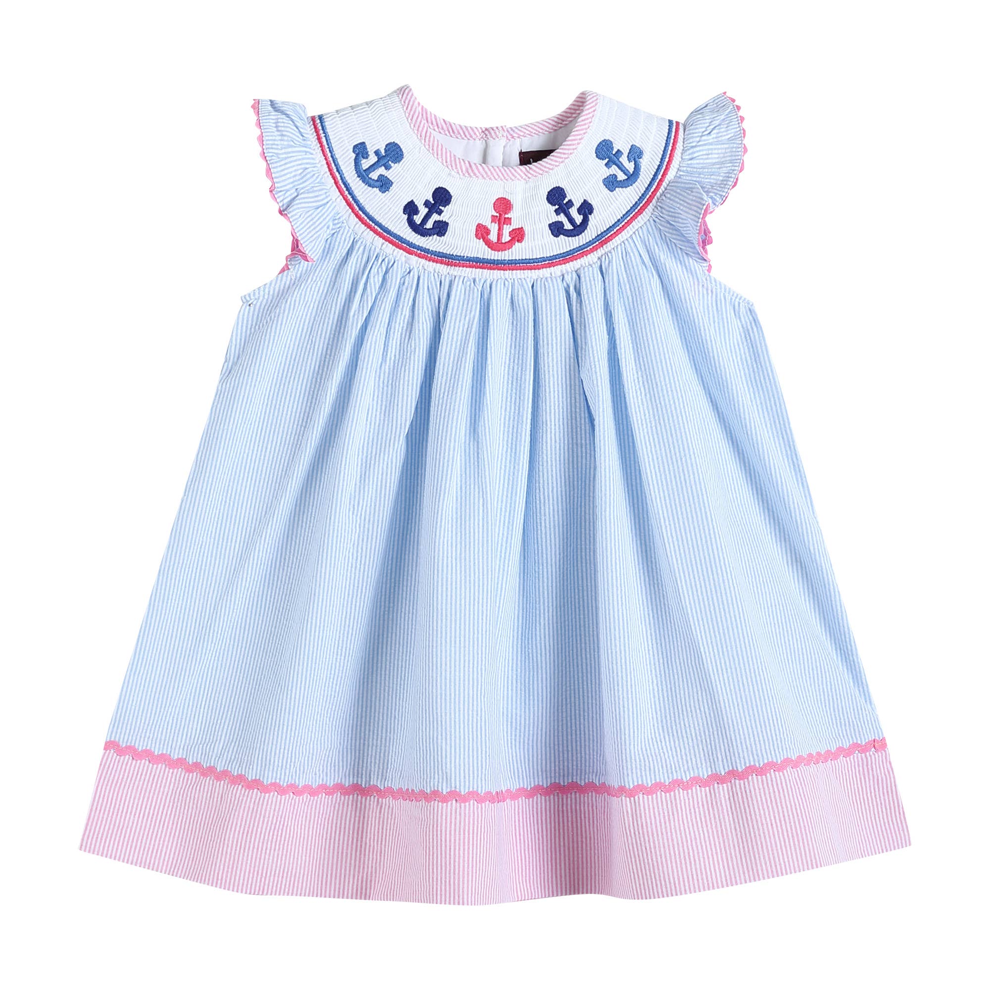 Pink + Blue Striped Smocked Bishop Dress with Anchor