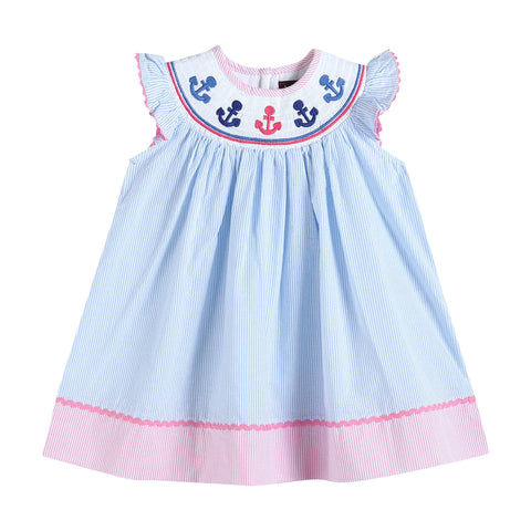 Pink + Blue Striped Smocked Bishop Dress with Anchor