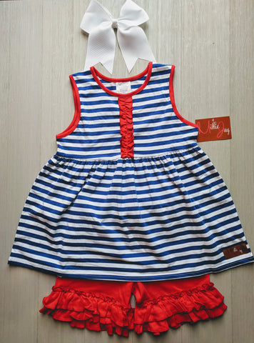 Millie Jay Blue & White Stripe Ruffle Short set- SIZE 12 - Little Pink Princess Boutique
