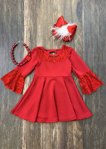 Red Lace Trimmed Bell Sleeve Twirl Dress