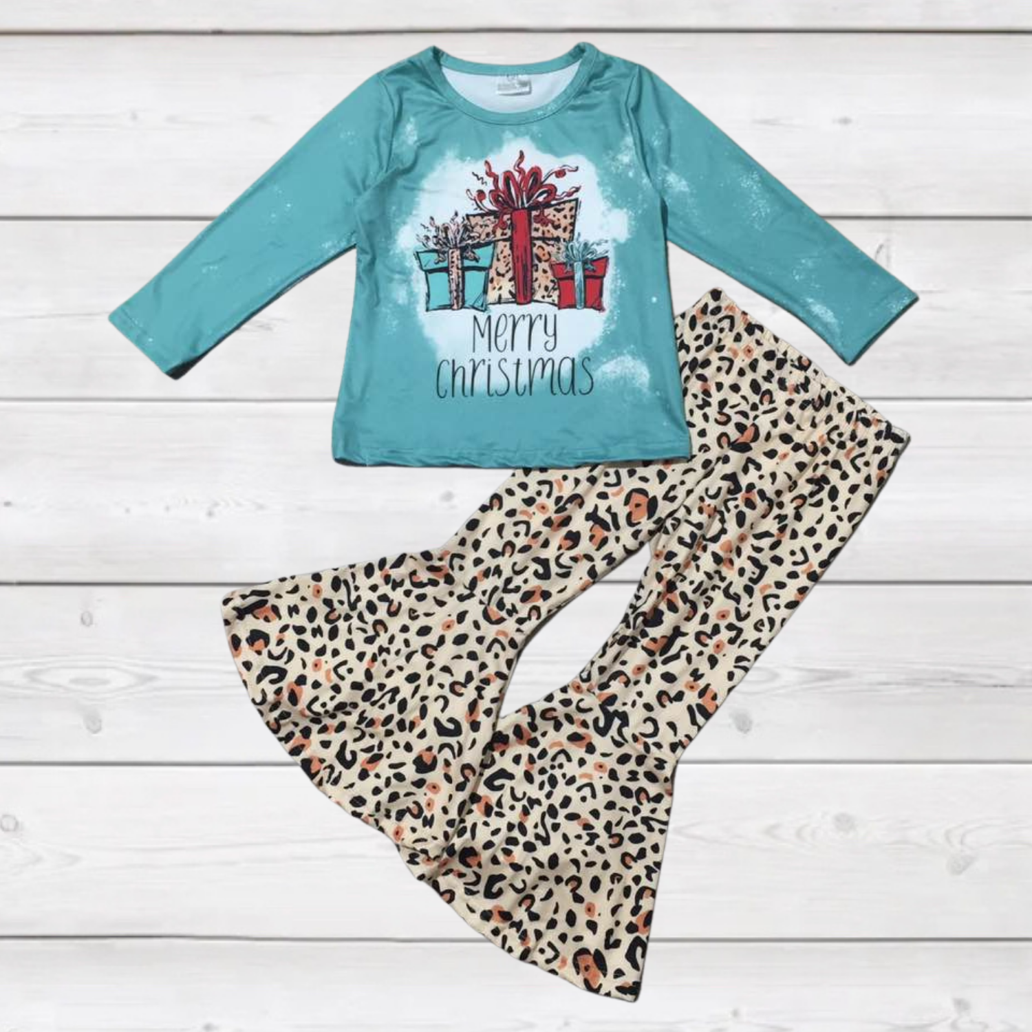 Merry Christmas Presents Teal Top with Leopard Bells