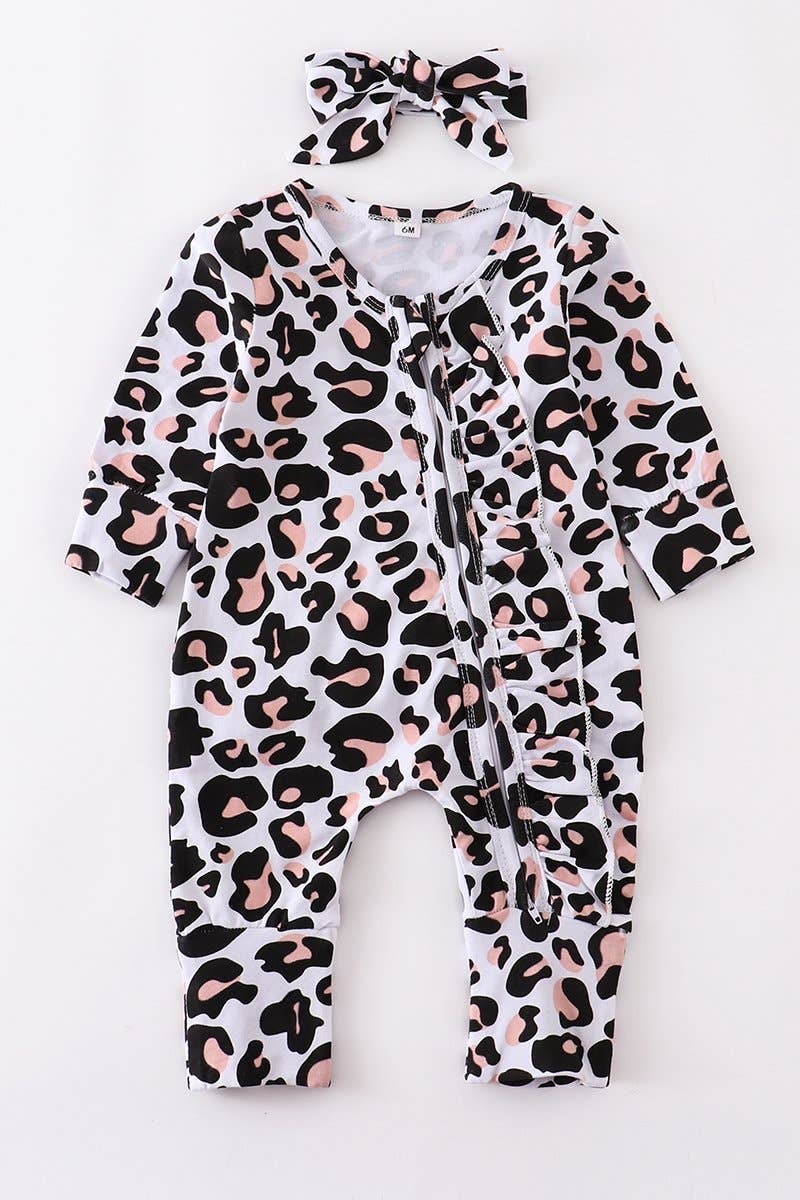 Leopard print zip ruffle baby romper