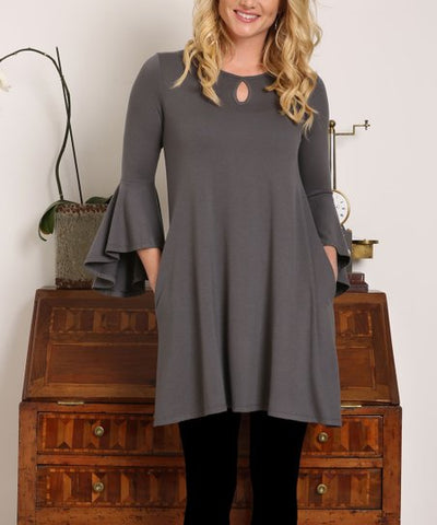 Women’s Charcoal Grey Keyhole Bell Sleeve Dress