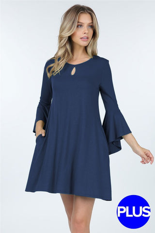 Women’s Navy Blue Keyhole Bell Sleeve Dress